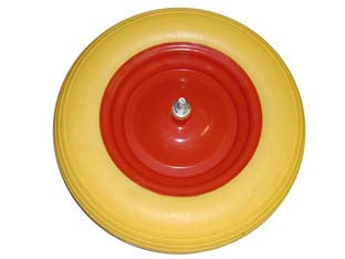 Ruota per carriola pu piena perno mm.12x210 -  perno mm.12x210, interasse mm.150 - ø cm.38x8,5, colore giallo 3.50-8 cerchio in metallo verniciato colore rosso, perno filettato in acciaio zincato