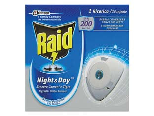 Raid night&day zanzare tigre e comuni 1 ricarica - solo ricarica - garantisce una protezione efficace 24 ore al giorno per 10 giorni da zanzare tigre e comuni, un’innovativa ricarica di sabbia...