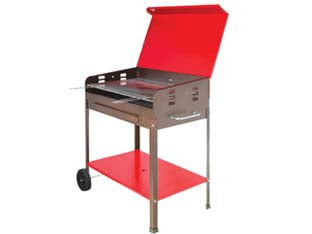 Barbecue rettangolare a carbonella etna con ruote - bracere cm.50x80 - in ferro battuto verniciato nero con ripiani e coperchio rosso, due griglie di cottura in acciaio cromato con manici in legno...