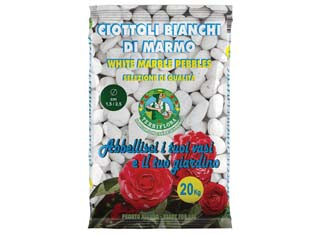 Ciottolo bianco in marmo - kg.20, taglio mm.15/25 - marmo arrotondato dall'azione levigante delle acque di fiumi e torrenti, per decorazione laghetti, acquari, vialetti, ecc.