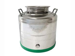 Fusto inox per olio saldato lt.30 - in acciaio inox 18/10 AISI 304 con maniglie, fondo a pentola, tappo a vite e attacco rubinetto, protezione in plastica sul fo...