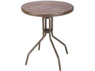 Tavolo wood brown in rattan sintetico pp - colore marrone, ø cm.60 h.70 kg.4,5, piano PP effetto legno, struttura acciaio