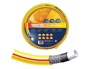 Tubo magliato trico lux anti torsione - ø mm.12,5 (1/2') rot. mt.15 - press. max 27 bar - interno bianco, esterno giallo, struttura in PVC prodotta a 5 strati per irrigazione e giardinaggio, dotato di rinforzo magli...