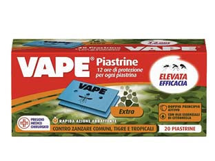 Piastrina per elettroemanatori extra zanzare comuni tigre e tropicali - in confez. da pz.20 - grazie alla formula con due principi attivi e gli oli essenziali di citronella, le piastrine Vape sono attive contro zanzare ...