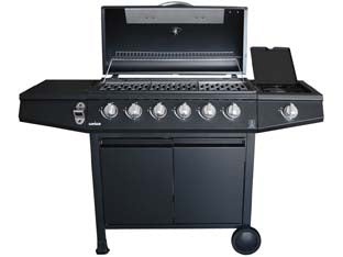 Barbecue a gas gpl 6 bruciatori + 1 fornello - cm.137,5x55,5x110h. - materiale: acciaio verniciato, colore nero, zona cottura: cm.73,5x33, coperchio acciaio verniciato ad alta termperatura, 3 gr...