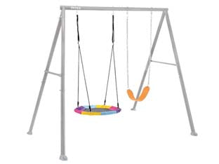 Altalena per bambini 2 giochi 3-10 anni cm.254x235x200h. - cm.254x235x200h. - peso kg.26,9 (44126) - 1 altalene con seduta flessibile e catena aggiustabile in altezza, 1 altalena con piattino ottagonale cm.81, tessuto resisten...