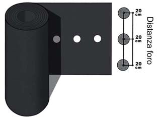 Foglia polietilene nera pacciamatura 1 foro passo cm.20 h.cm.120 - rotolo mt.30 - evita la nascita di erbe infestanti, mantiene il terreno umido e aumenta la temperatura intorno alle radici contribuendo alla...
